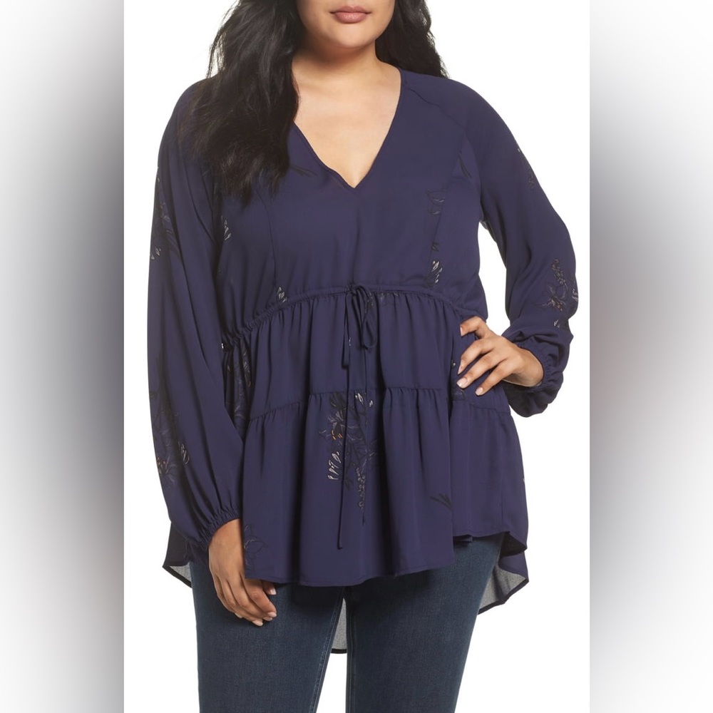 Plus Size ✨ Melissa McCarthy Blue Floral Flutter Tiered Blouse